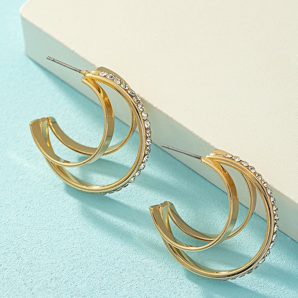 C Shaped, Rhinestone Studded, 3 tier gold hoop earrings - Picture 4 of 6